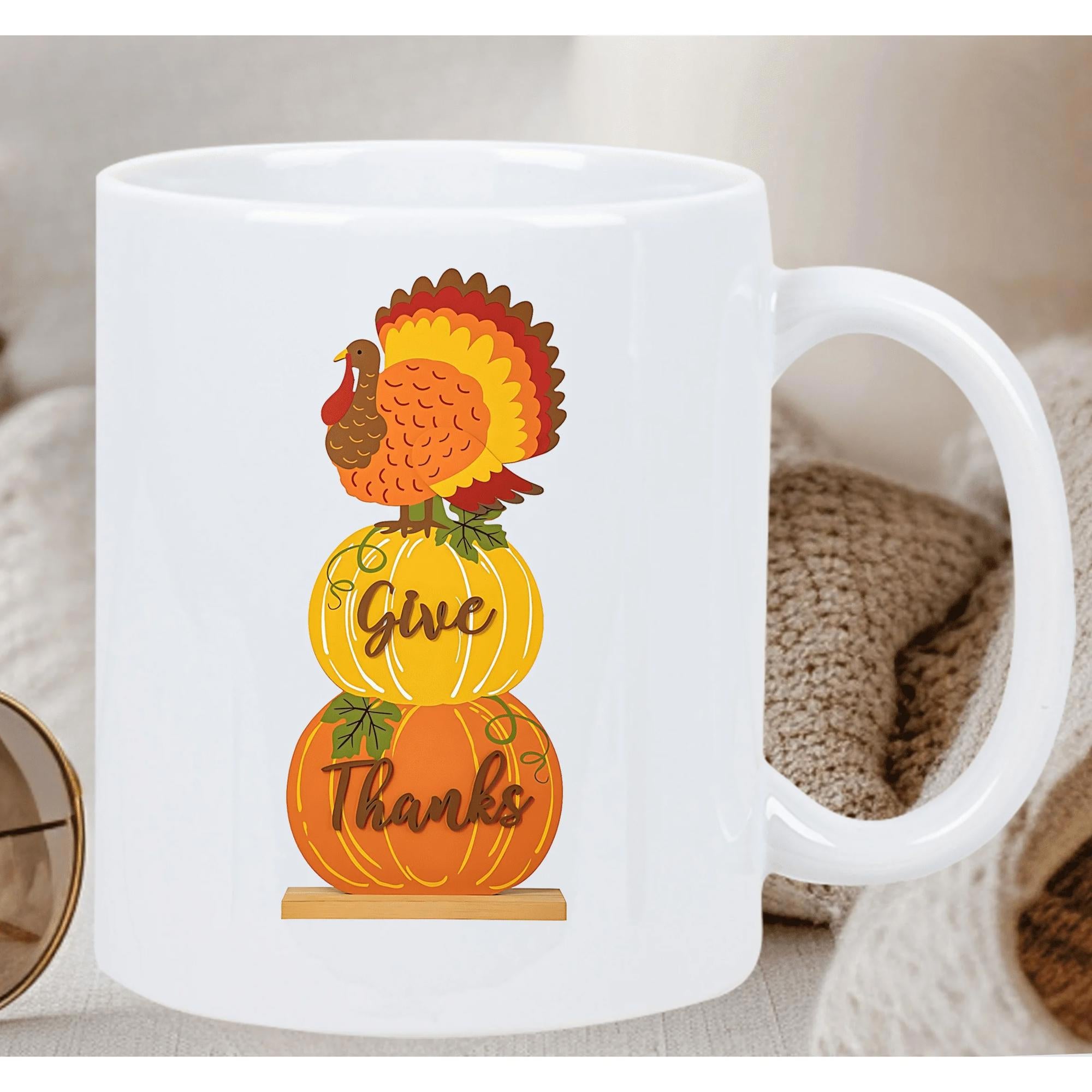 Tailorly White Ceramic 11 oz Mug - Give Thanks Colorful Thanksgiving Perched Atop Two Vibrant Stacked Autumn Harvest Pumpkins Turkey