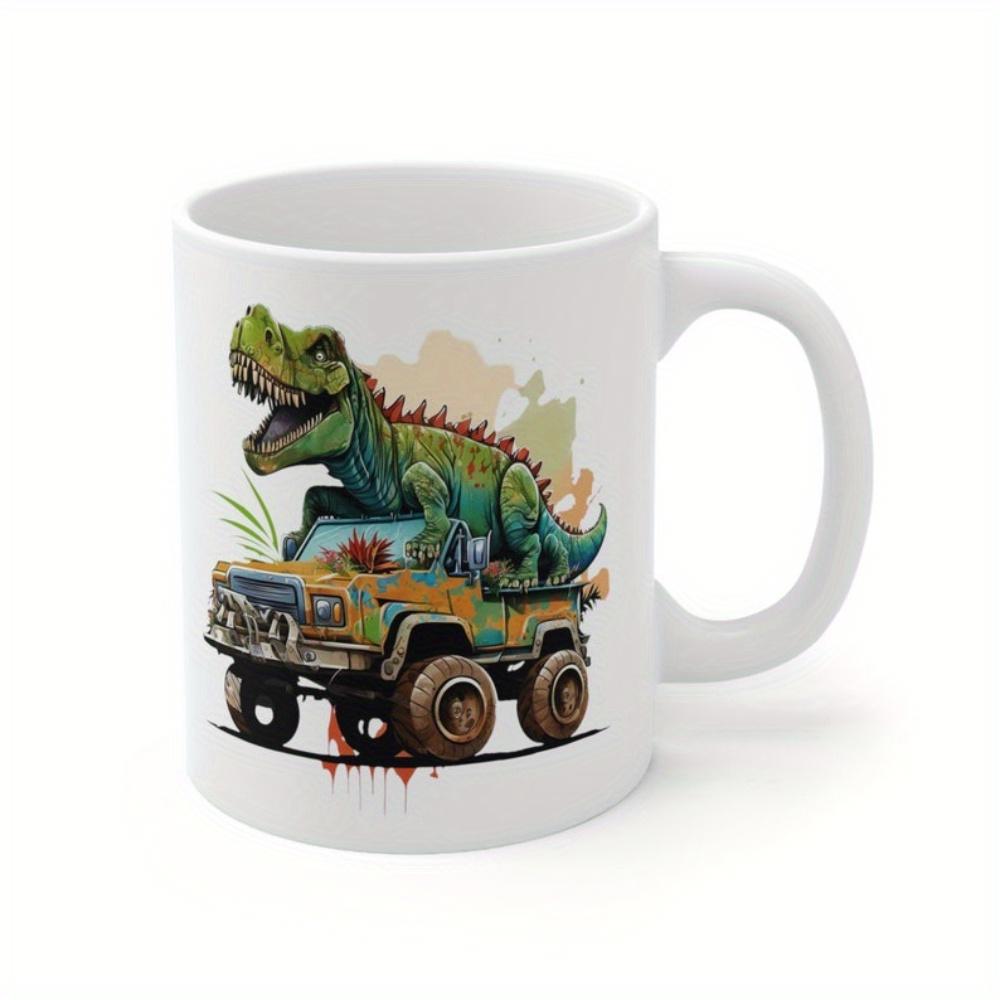 Tailorly White Ceramic 11 oz Mug - Ferocious Green Tyrannosaurus Rex Perched Atop A Vintage Off Road Vehicle Dinosaur