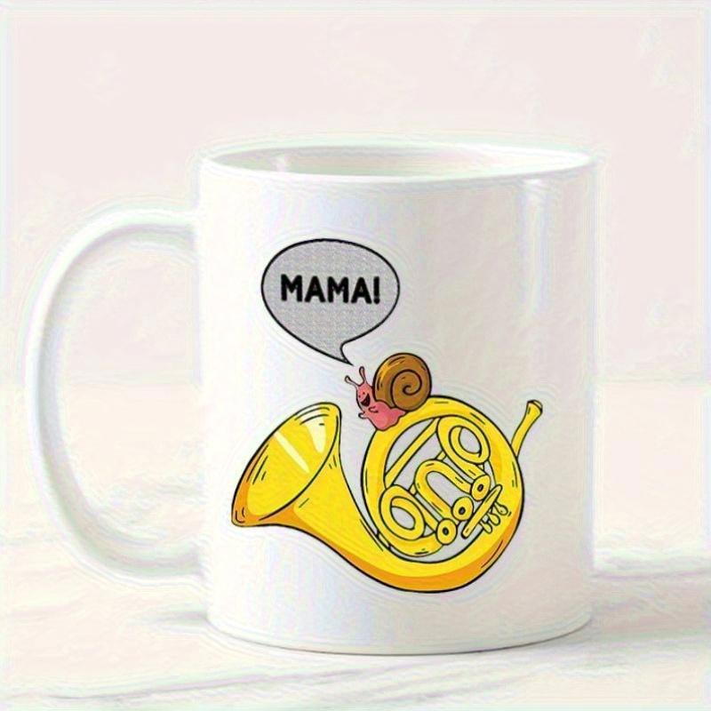 Tailorly White Ceramic 11 oz Mug - Mama Cartoon Snail Perched On A Golden Musical Brass Instrument Shiny French Horn