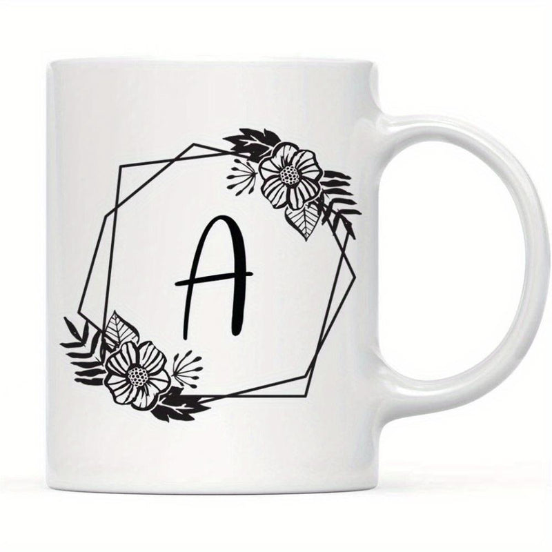 Tailorly White Ceramic 11 oz Mug - A Minimalist Hexagonal Frame With Hand Drawn Botanical Leaves And Elegant Flower