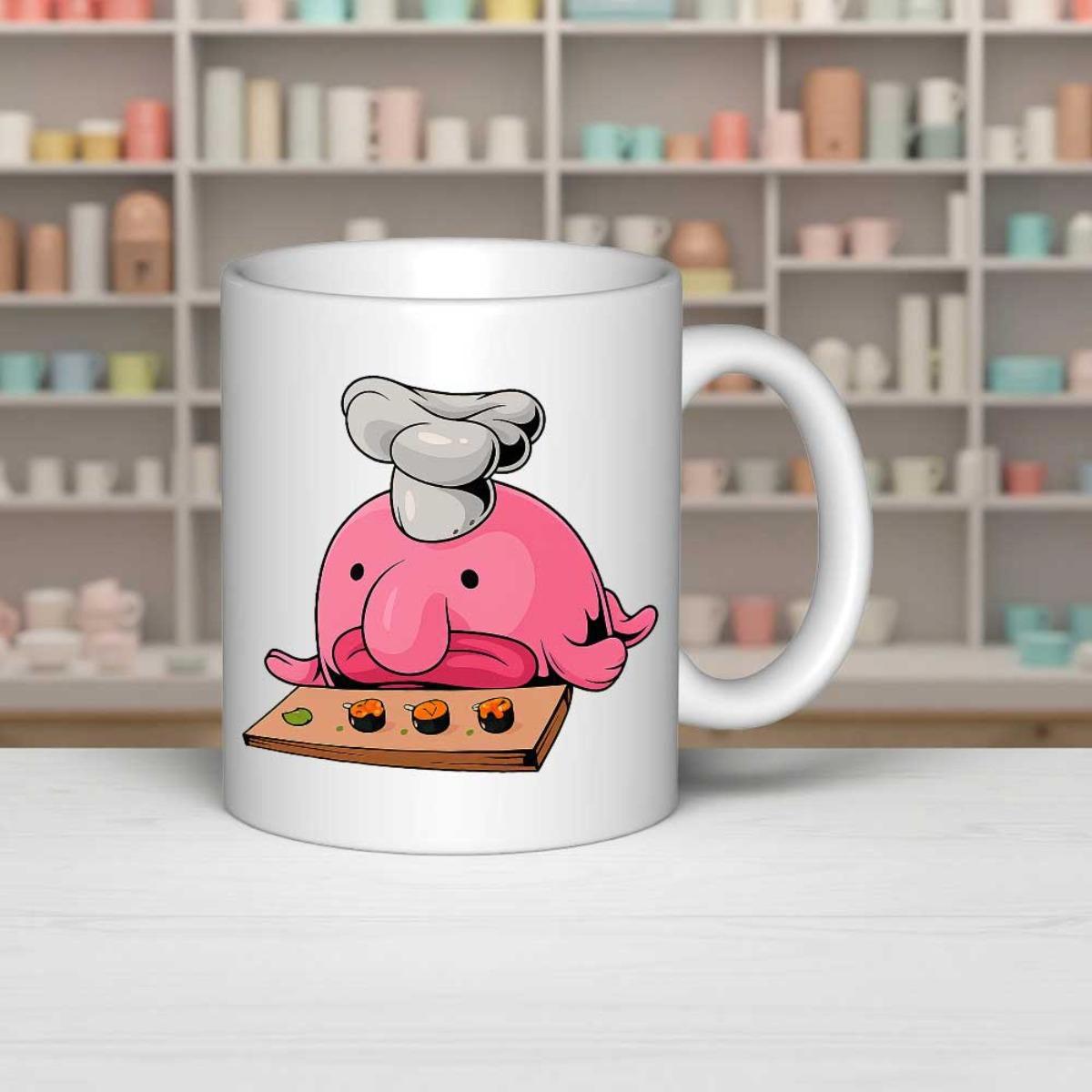 Tailorly White Ceramic 11 oz Mug - Pink Cartoon Character Wearing Chef Hat Serving Delicious Small Muffins Blobfish