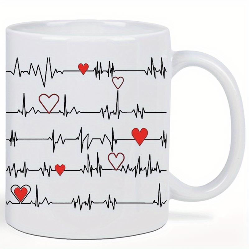 Tailorly White Ceramic 11 oz Mug - Rhythmic Medical Lines Featuring Small Red And Outlined Hearts Along Heartbeat