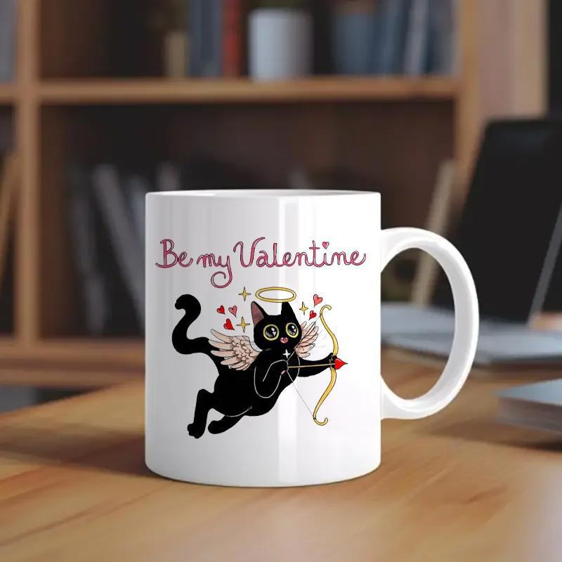 Tailorly White Ceramic 11 oz Mug - Be My Valentine Adorable Cupid Black Cat With Angelic Wings Holding Golden Bow Cat