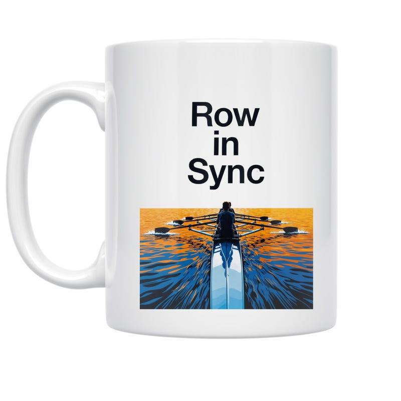 Tailorly White Ceramic 11 oz Mug - Row In Sync Dynamic Scull Gliding Across Shimmering Blue And Orange Water Rowboat