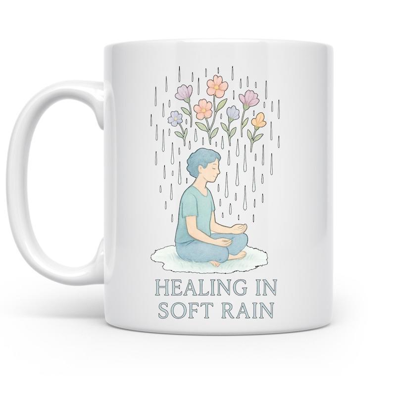 Tailorly White Ceramic 11 oz Mug - Healing In Soft Rain Meditating Person Under Gentle Rain Showers With Blooming Colorful Garden Flowers Mug