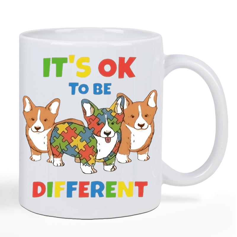 Tailorly White Ceramic 11 oz Mug - Its Ok To Be Different Three Cute Dogs With Puzzle Piece Pattern Representing Autism Awareness Corgis