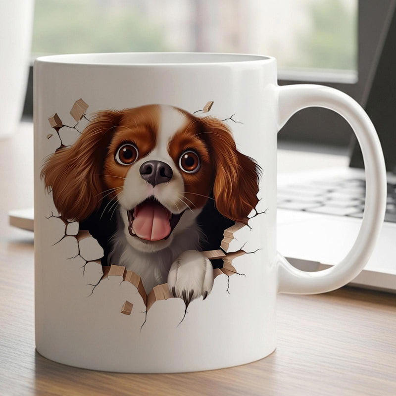 Tailorly White Ceramic 11 oz Mug - Adorable Brown And White Cavalier Spaniel Peeking Through Cracked Ceramic Surface Spaniel