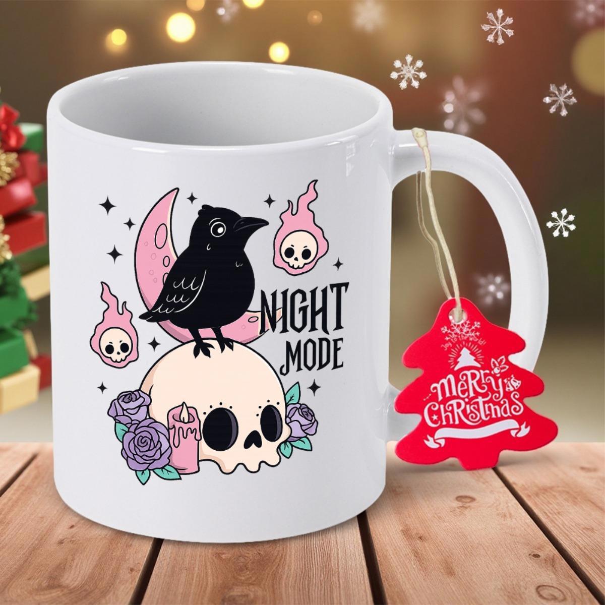 Tailorly White Ceramic 11 oz Mug - Night Mode Mystical Black Crow Perched Atop A Skull Under A Crescent Moon Crow
