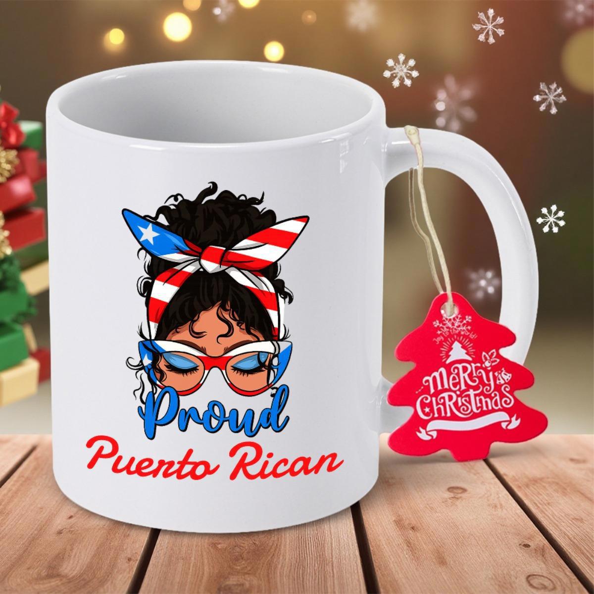 Tailorly White Ceramic 11 oz Mug - Proud Puerto Rican Beautiful Woman With Messy Bun Wearing Patriotic Flag Patterned Headband Woman