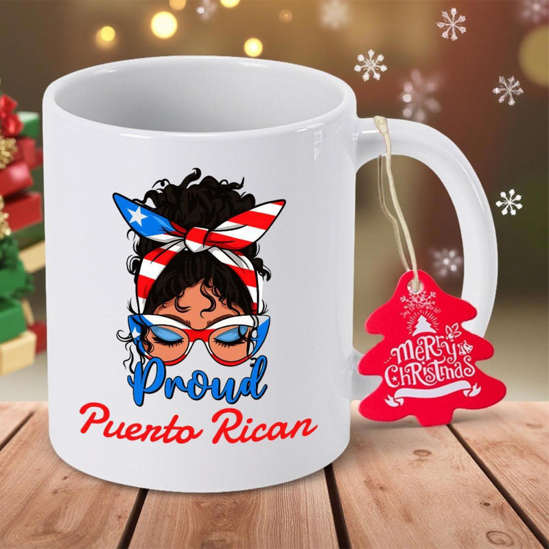 Tailorly White Ceramic 11 oz Mug - Proud Puerto Rican Beautiful Woman With Messy Bun Wearing Patriotic Flag Patterned Headband Woman