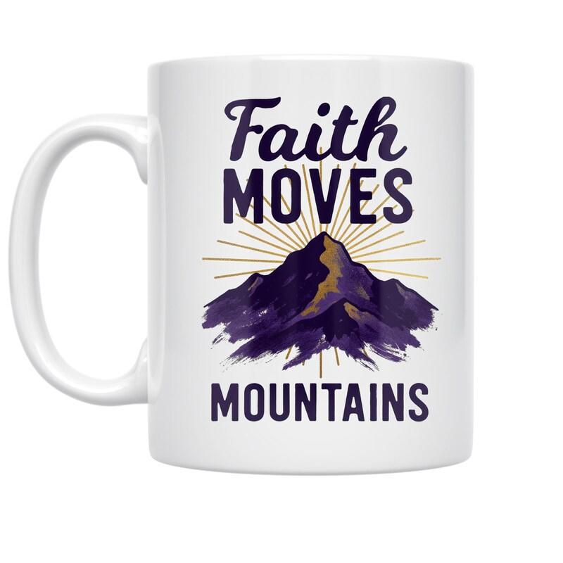 Tailorly White Ceramic 11 oz Mug - Faith Moves Mountains Purple Peak With Radiant Golden Sunburst Rays Against White Background Mountain