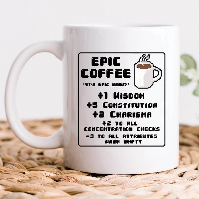 Tailorly White Ceramic 11 oz Mug - Epic Coffee Wisdom Constitution Charisma Concentration Checks Attributes Pixel Art Style Representing Classic Role Playing Game