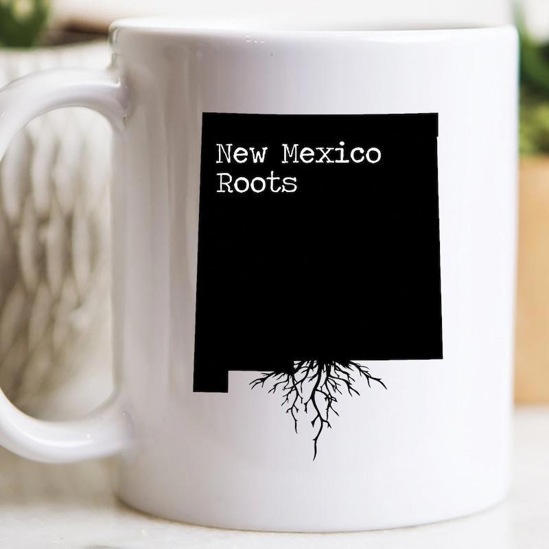 Tailorly White Ceramic 11 oz Mug - New Mexico Roots Minimalist Black State Silhouette Featuring Intricate Organic Tree Roots Map
