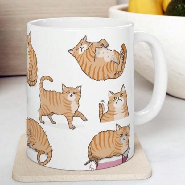 Tailorly White Ceramic 11 oz Mug - Playful Hand Drawn Orange Tabby Kittens Scattered On Plain White Cat