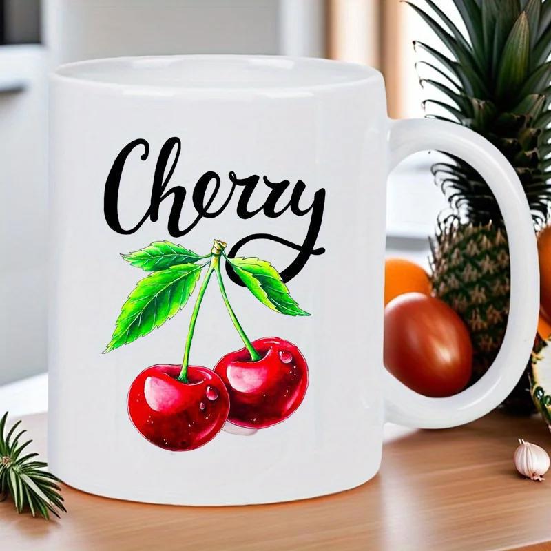 Tailorly White Ceramic 11 oz Mug - Cherry Pair Of Ripe Red Berries Surrounded By Vibrant Green Leaves On Stem Cherry