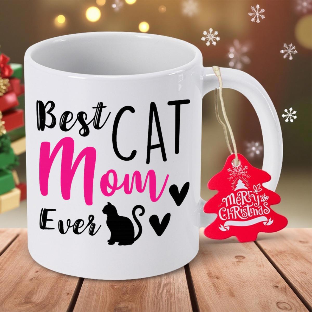 Tailorly White Ceramic 11 oz Mug - Best Cat Mom Ever Merry Christmas Stylish Pink Hearts With Decorative Typography Surrounding A Sitting Black Cat