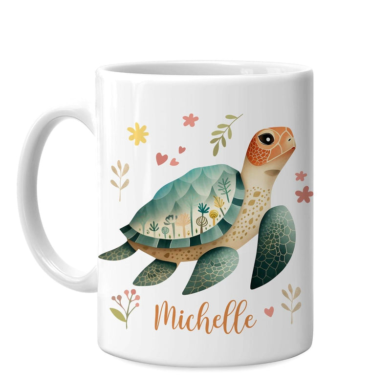 Tailorly White Ceramic 11 oz Mug - Michelle Artistic Sea Turtle Swimming Among Delicate Floral Patterns And Hearts Turtle
