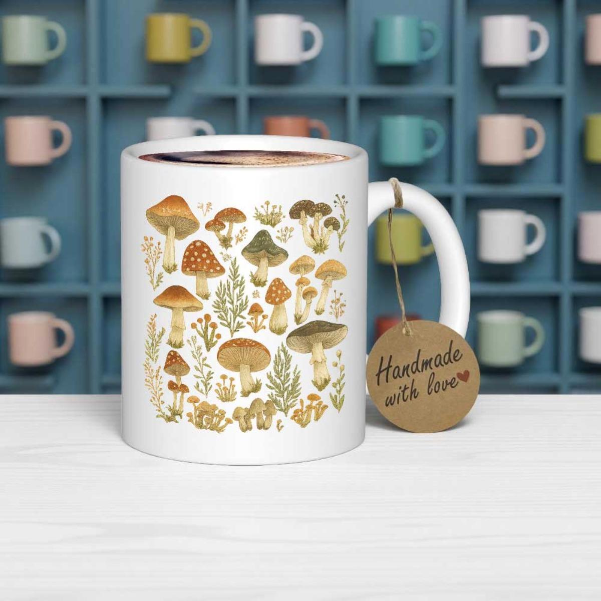 Tailorly White Ceramic 11 oz Mug - Vintage Botanical Illustration Featuring Various Earthy Wild Fungi In The Forest Mushrooms