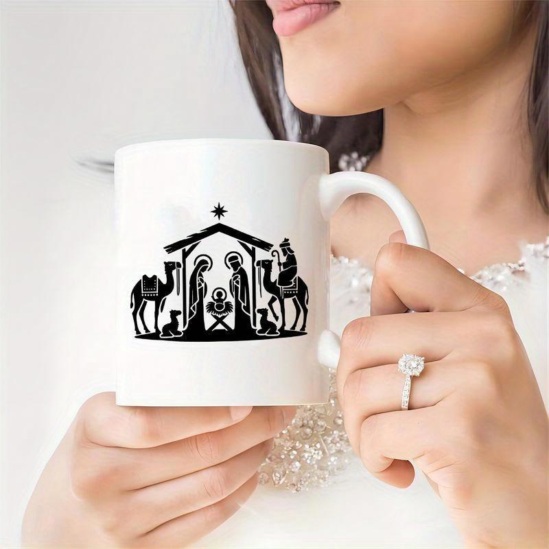 Tailorly White Ceramic 11 oz Mug - Black Silhouette Holy Family Under Stable Star With Camels And Manger Nativity