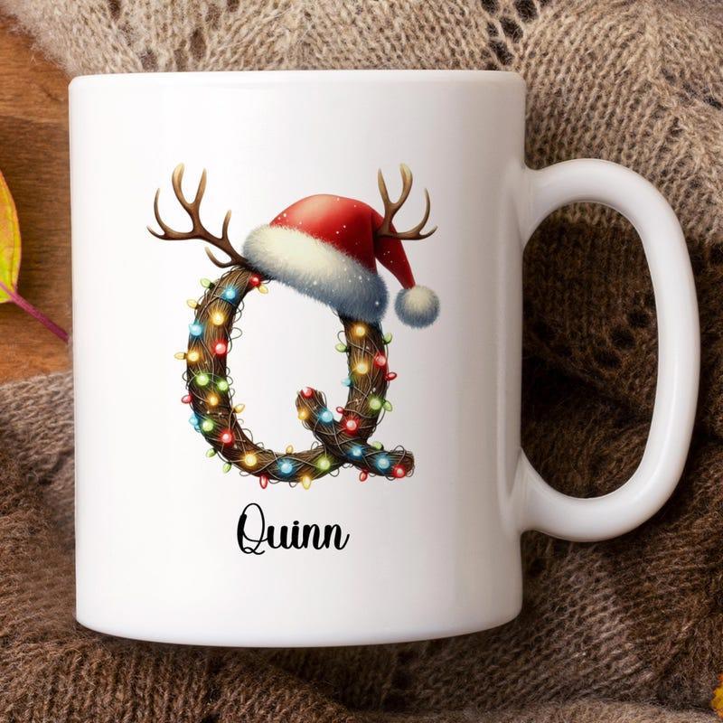 Tailorly White Ceramic 11 oz Mug - Quinn Festive Letter Q Wrapped In Glowing Colorful Lights And Reindeer Initial