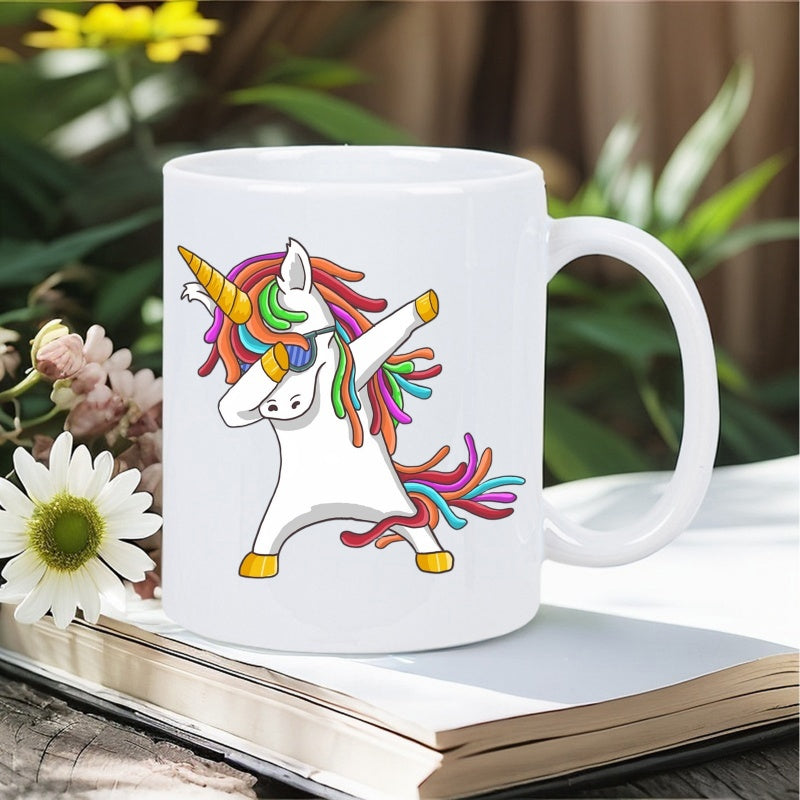 Tailorly White Ceramic 11 oz Mug - Magical Creature With Rainbow Mane Performing A Trendy Dance Pose Unicorn