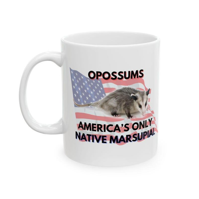 Tailorly White Ceramic 11 oz Mug - Opossums Americas Only Native Marsupial Patriotic American Flag Background With Realistic Wildlife Creature Sitting On Stars