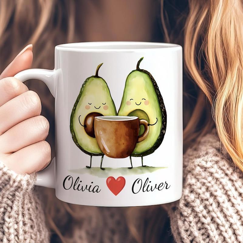 Tailorly White Ceramic 11 oz Mug - Olivia Oliver Cute Smiling Avocados Holding A Large Brown Coffee Cup Avocado