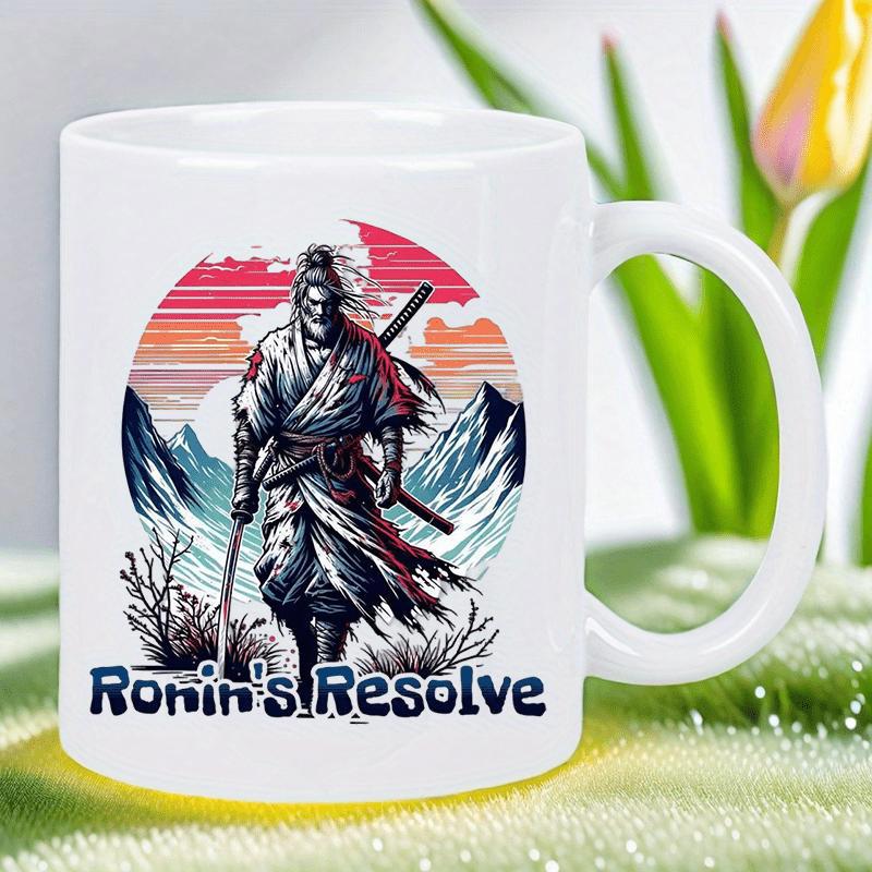 Tailorly White Ceramic 11 oz Mug - Ronin's Resolve Warrior In Traditional Robes Before A Red Sunset Mountain Samurai