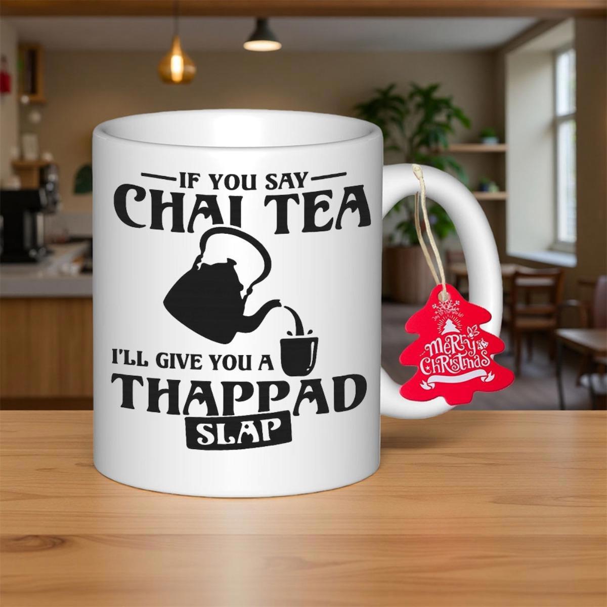 Tailorly White Ceramic 11 oz Mug - If You Say Chai Tea Ill Give You A Thappad Slap Silhouetted Teapot Pouring Liquid Into A Small Minimalist Cup Teapot
