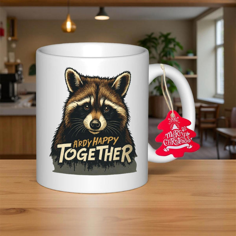 Tailorly White Ceramic 11 oz Mug - Always Happy Together Hand Drawn Illustration Of A Fluffy Masked Wild Animal Raccoon