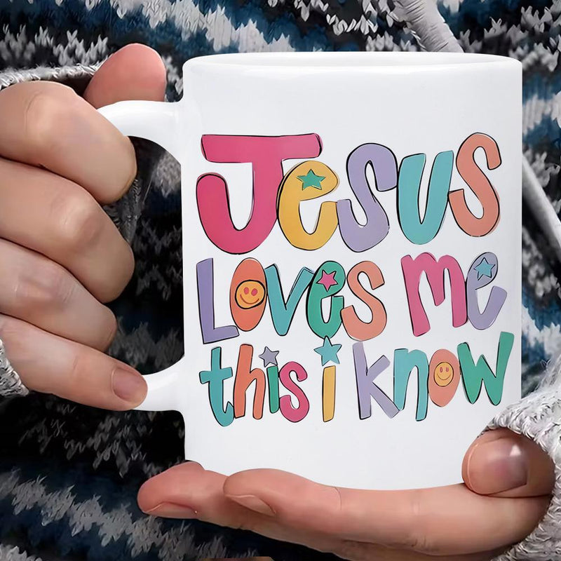 Tailorly White Ceramic 11 oz Mug - Jesus Loves Me This I Know Colorful Retro Style Bubble Letters Decorated With Stars And Smiley Faces Mug