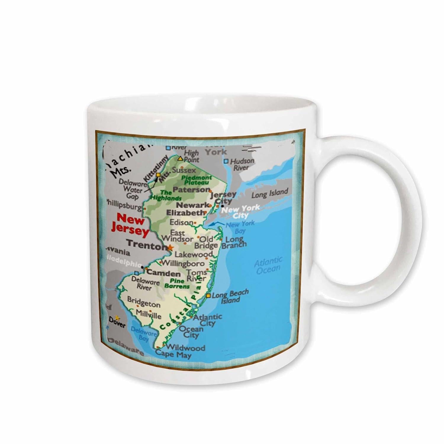 Tailorly White Ceramic 11 oz Mug - New Jersey Colorful Geographical Illustration Displaying State Borders And Major City Names Map