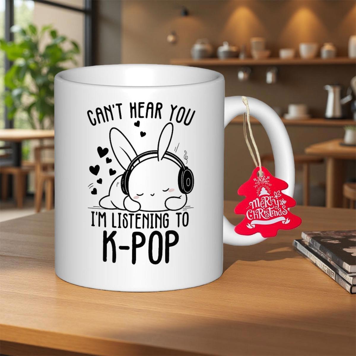 Tailorly White Ceramic 11 oz Mug - Cant Hear You Im Listening To K Pop Cute Cartoon Rabbit Wearing Large Black Headphones Among Tiny Hearts Rabbit