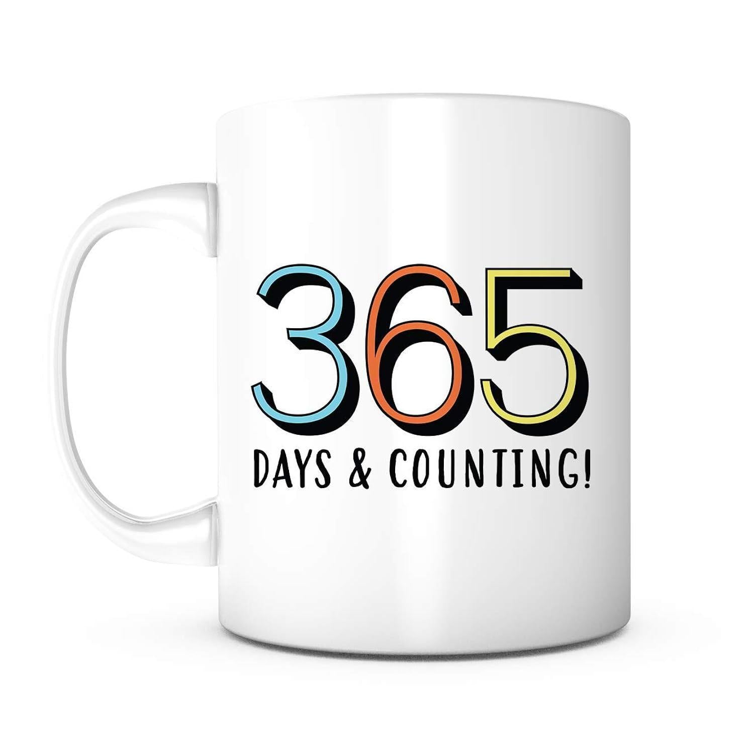 Tailorly White Ceramic 11 oz Mug - 365 Days Counting Colorful Three Dimensional Numbers With Bold Black Shadows On