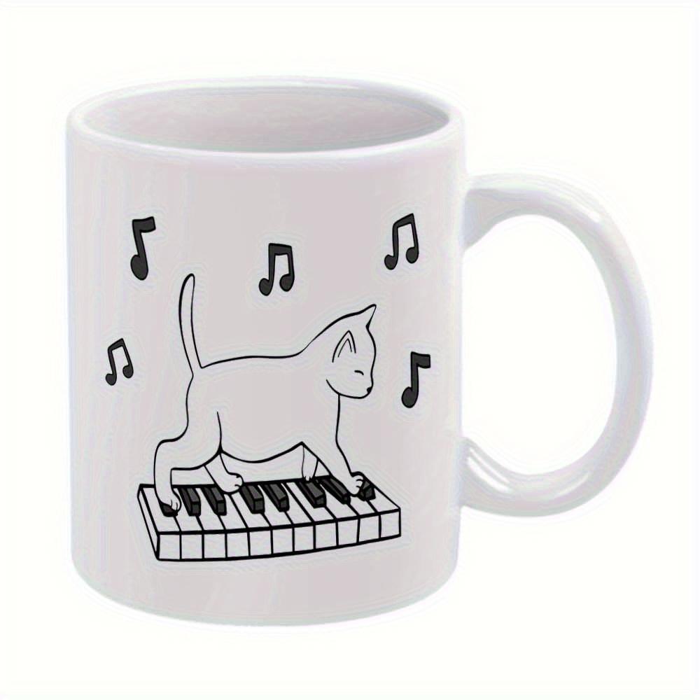 Tailorly White Ceramic 11 oz Mug - Simple Black And White Sketch Of Kitty Stepping Over Musical Instrument Keys Cat