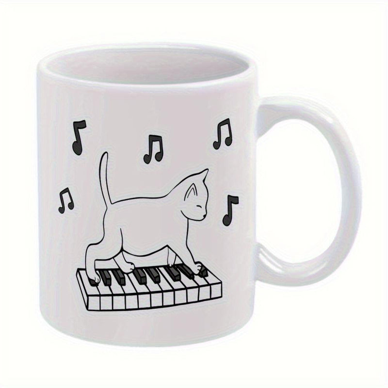 Tailorly White Ceramic 11 oz Mug - Simple Black And White Sketch Of Kitty Stepping Over Musical Instrument Keys Cat