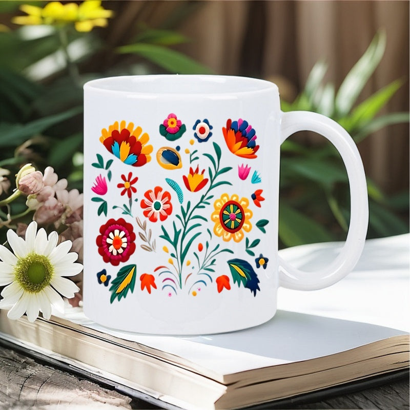 Tailorly White Ceramic 11 oz Mug - Vibrant Folk Art Style With Colorful Blooming Petals And Elegant Greenery Flower