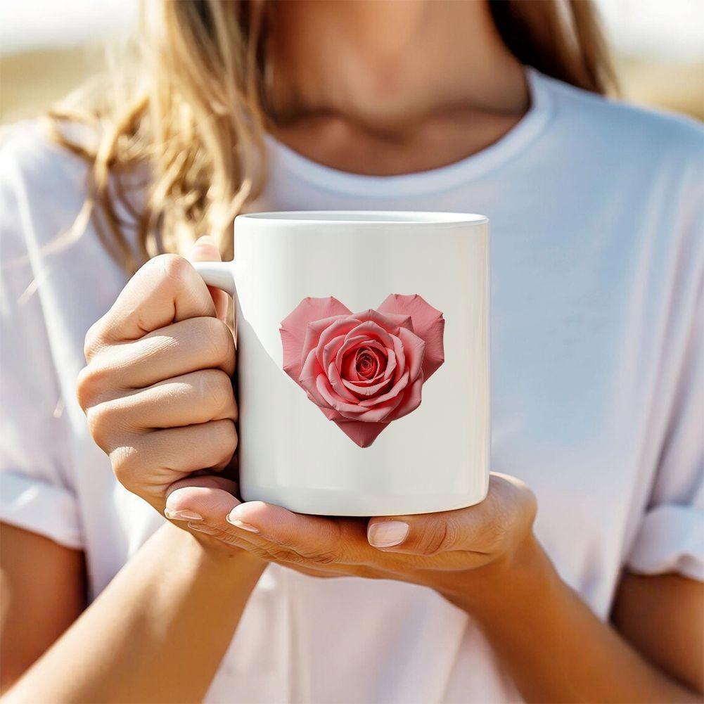 Tailorly White Ceramic 11 oz Mug - Faceted Pink Rose Petals Arranged Within A Geometric Heart Shaped Rose