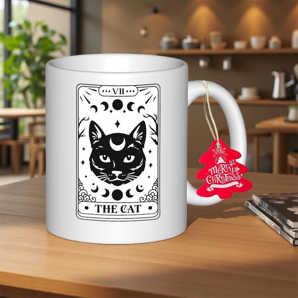 Tailorly White Ceramic 11 oz Mug - The Cat Mystical Black Silhouette Head Among Celestial Moon Phases In Tarot Card Cat