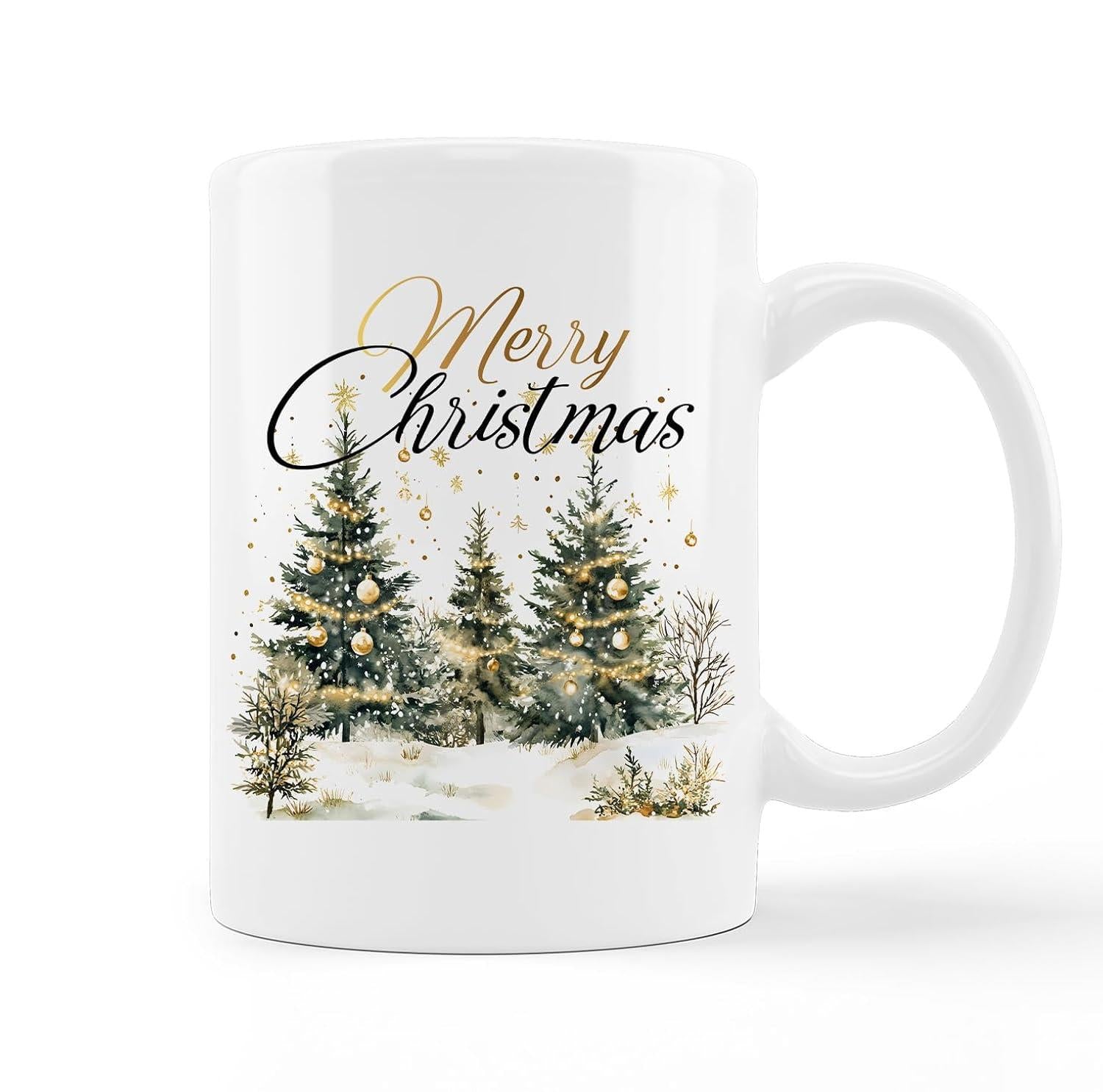 Tailorly White Ceramic 11 oz Mug - Merry Christmas Elegant Evergreen Trees Decorated With Golden Ornaments Under Shimmering Festive Stars Tree