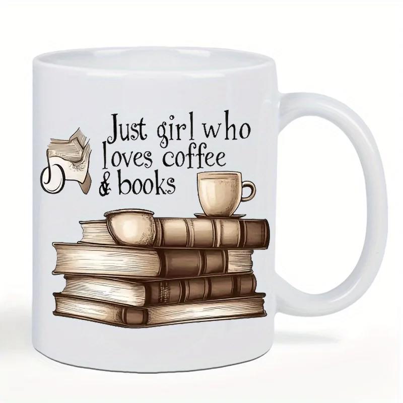 Tailorly White Ceramic 11 oz Mug - Just Girl Who Loves Coffee Books Vintage Brown Stacked Textbooks With A Simple Small Coffee Cup Books