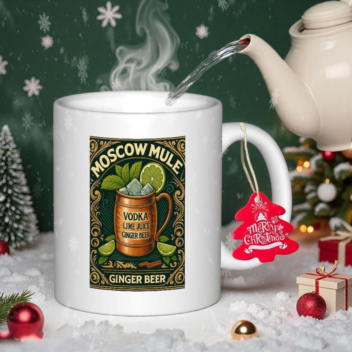 Tailorly White Ceramic 11 oz Mug - Moscow Mule Ginger Beer Vodka Lime Juice Vintage Cocktail Illustration Featuring A Copper Cup With Fresh Lime And Mint Mug