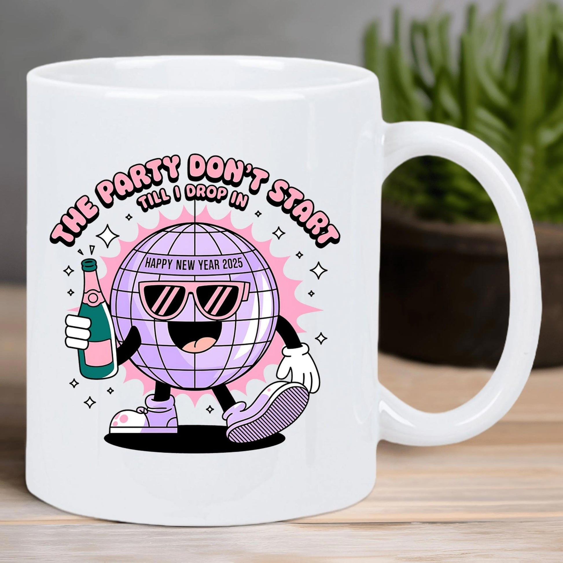 Tailorly White Ceramic 11 oz Mug - The Party Dont Start Till I Drop In Happy New Year 2025 Vibrant Purple Cartoon Character Wearing Sunglasses And Sneakers Holding