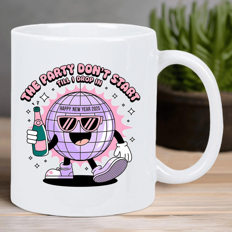 Tailorly White Ceramic 11 oz Mug - The Party Dont Start Till I Drop In Happy New Year 2025 Vibrant Purple Cartoon Character Wearing Sunglasses And Sneakers Holding