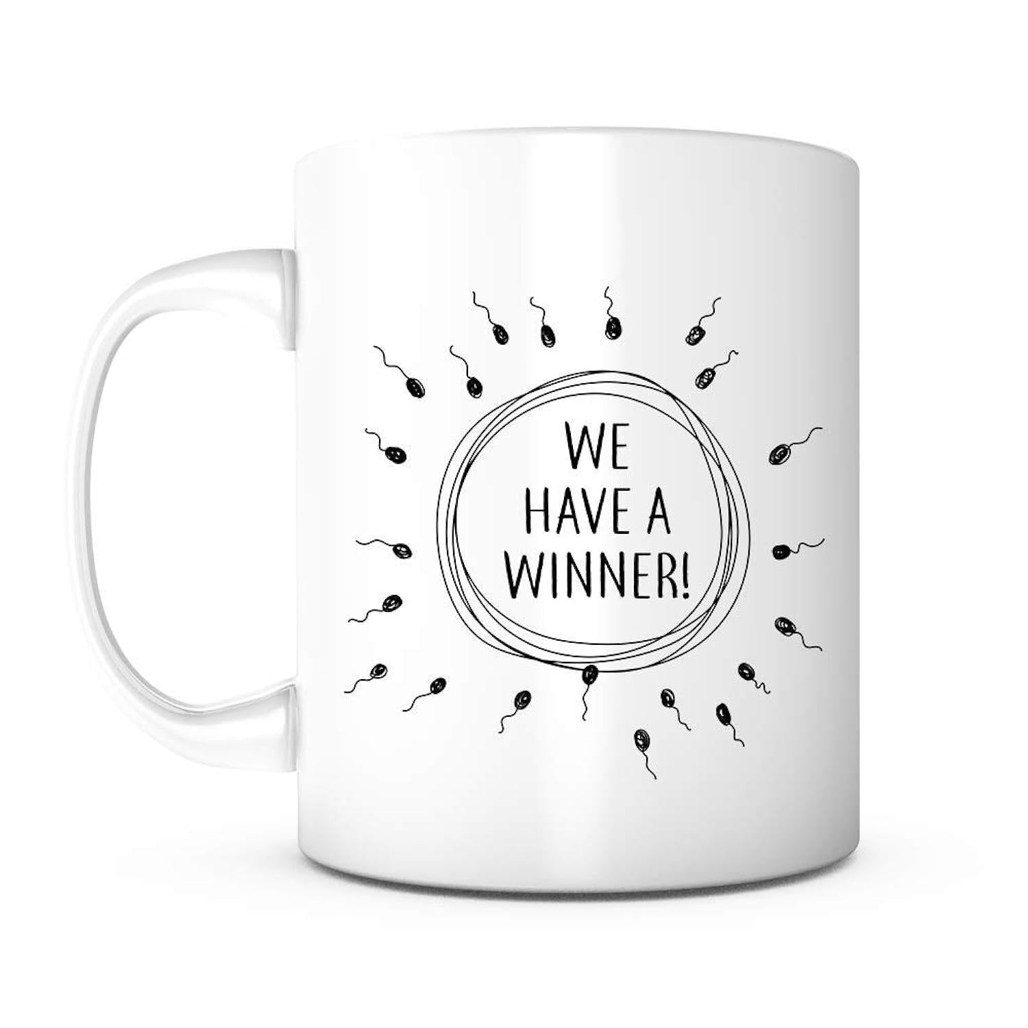 Tailorly White Ceramic 11 oz Mug - We Have A Winner Minimalist Black Line Drawing Of Sperm Cells Swimming Towards Circular Mug