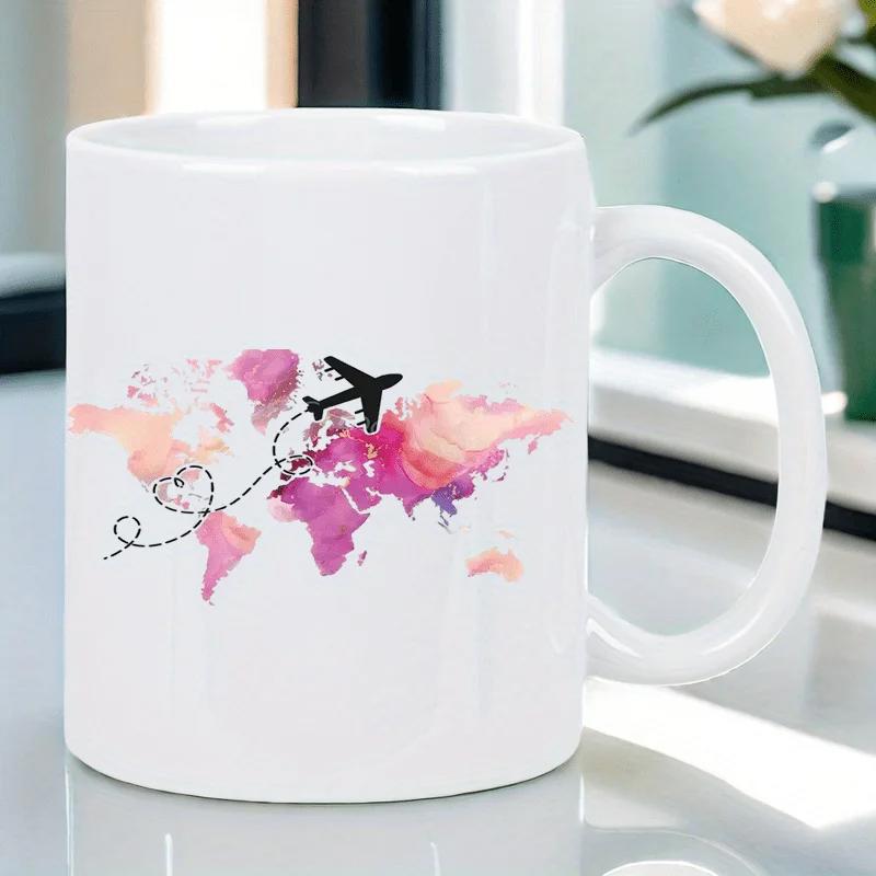Tailorly White Ceramic 11 oz Mug - Colorful Watercolor Style World Travel Silhouette With Heart Dotted Flight Path Map
