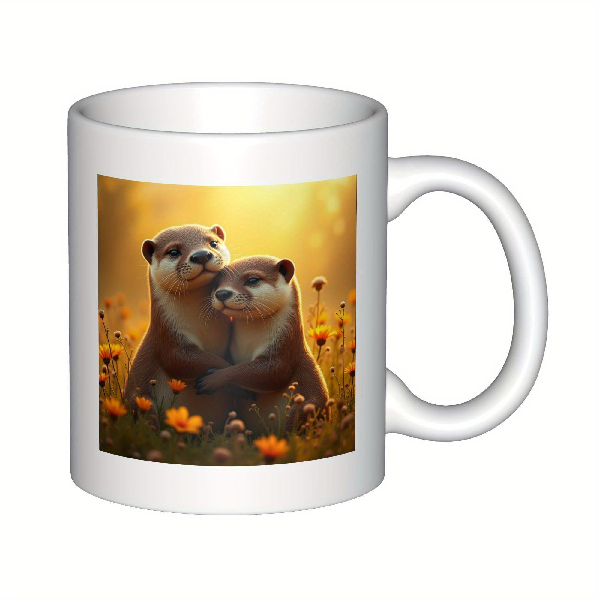 Tailorly White Ceramic 11 oz Mug - Two Adorable Cuddling Animals Nestled Among Golden Sunlit Meadow Flowers Otter