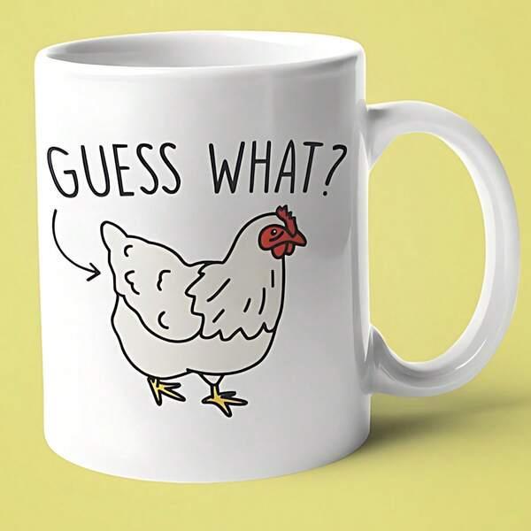 Tailorly White Ceramic 11 oz Mug - Guess What Hand Drawn Minimalist Sketch Featuring A Curving Arrow Pointing Toward A Chicken