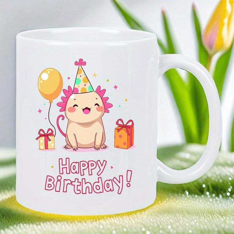 Tailorly White Ceramic 11 oz Mug - Happy Birthday Cheerful Smiling Pink Axolotl Wearing Polka Dot Party Hat With Gifts Axolotl