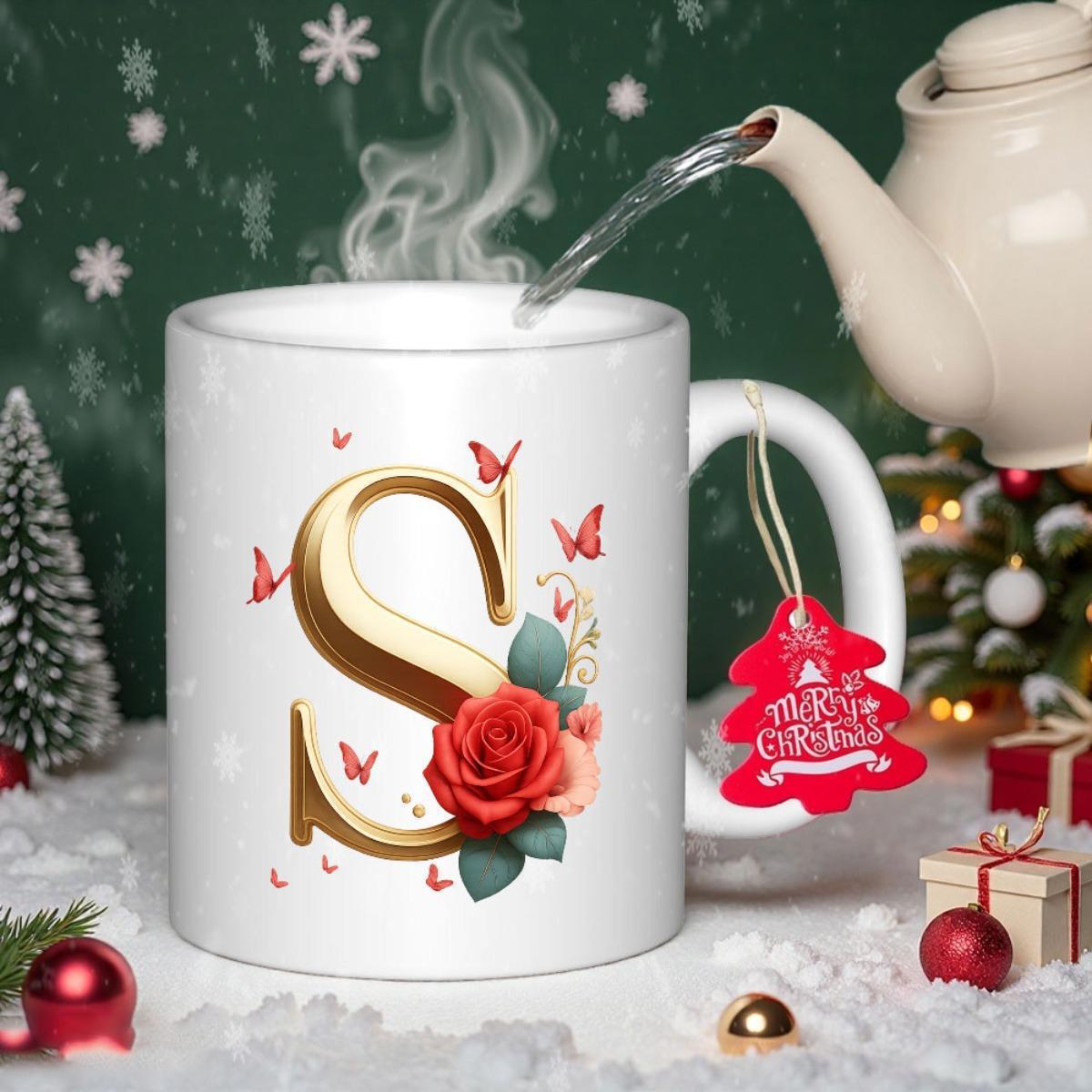Tailorly White Ceramic 11 oz Mug - S Golden Letter With Elegant Rose And Fluttering Butterflies Among Green Leaves Mug